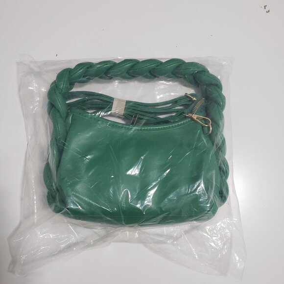 New Braided Handle Vegan Leather Hobo Bag in Green - Picture 4 of 6